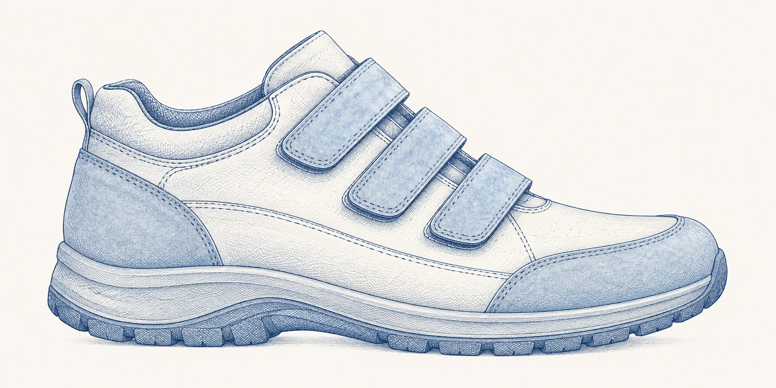 Blue illustration of a walking boot with three Velcro fastening straps