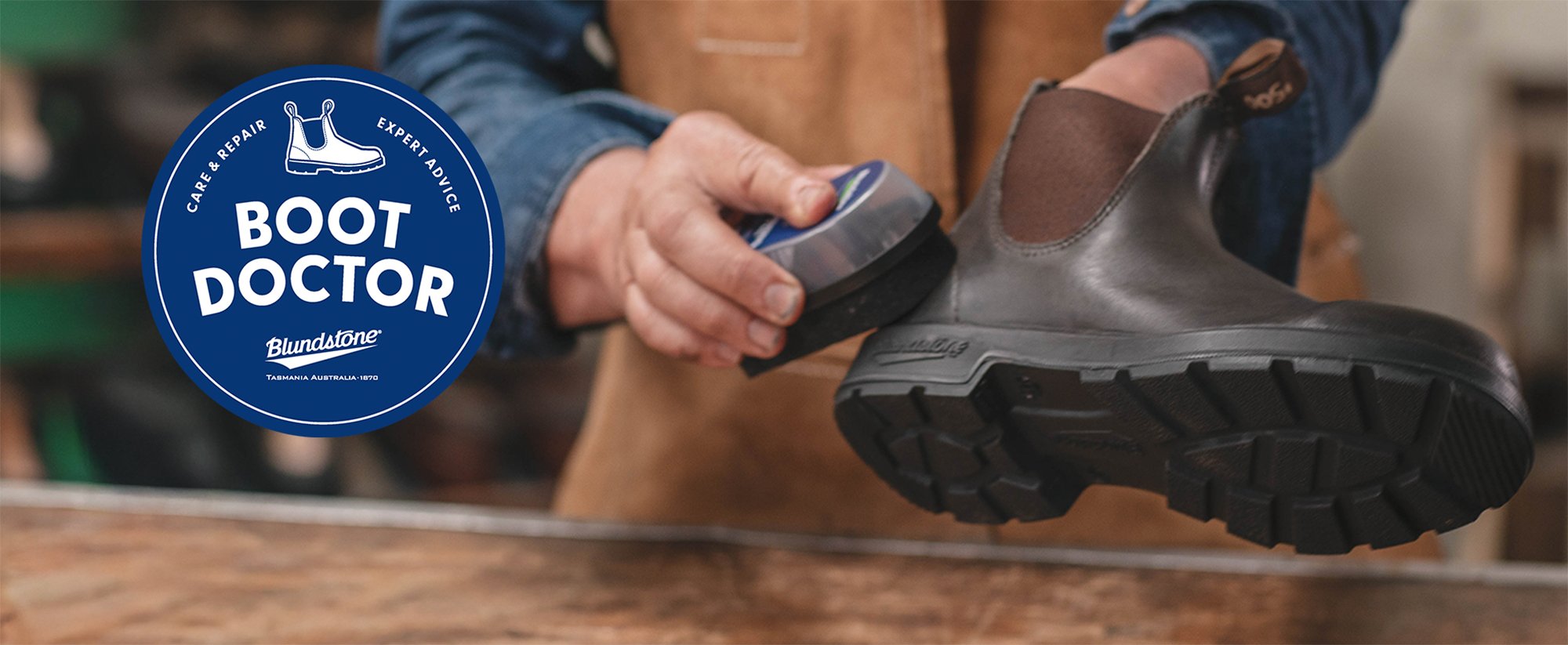 Blundstone Boot Doctor workshop — a cobbler restoring a leather boot