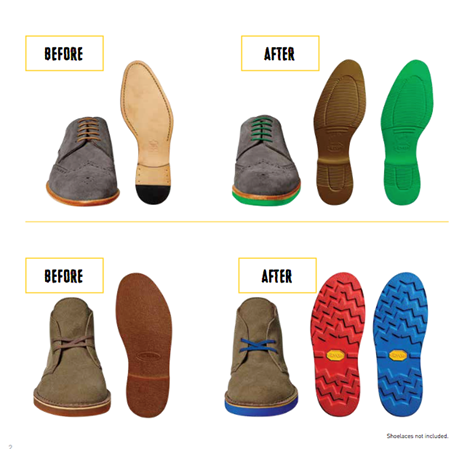 Comparison of shoes before and after refurbishment, showing a gray men's dress shoe and a tan women's dress shoe on white backgrounds. The after images feature fully refurbished shoes with new soles in brown, green, red, and blue colors.