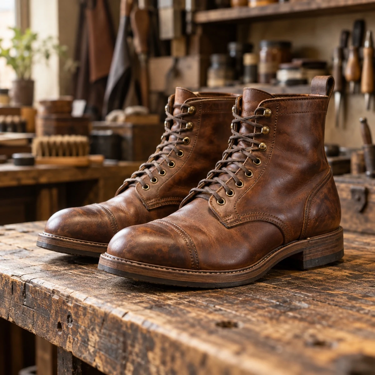 Leather work boots ready for authorized repair