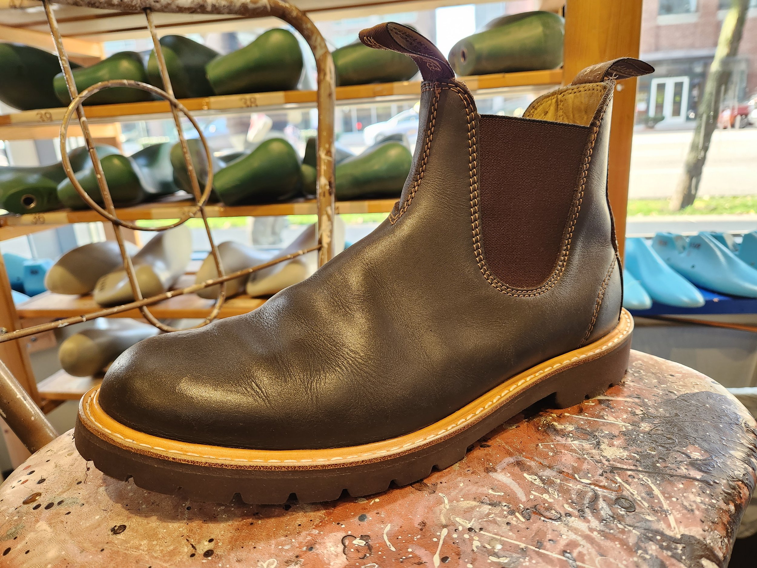 Blundstone boot rebuilt with leather welts and Vibram Stowe sole